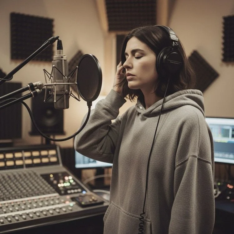 A woman wearing headphones at a studio microphone